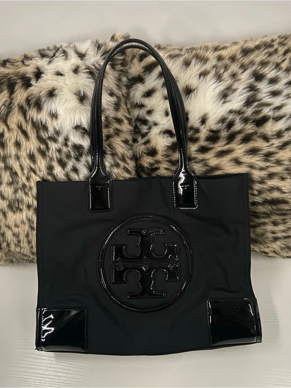 Tory Burch Ella with Patent Logo Tote Hand Bag Black Nylon
